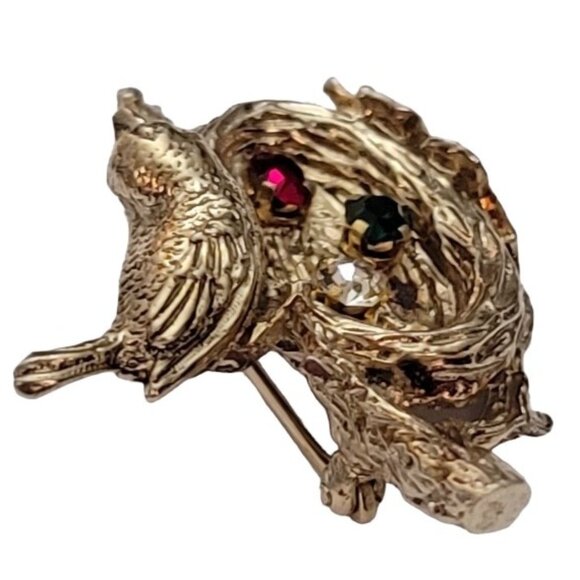 Anson Sterling Gold Vermeil Gemstone Eggs In Nest Bird Pin, Signed E748 - Picture 4 of 9